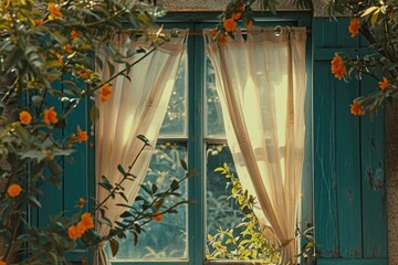 Wall Mural - An open window with a curtain. Can be used to depict a view from inside or outside a building