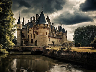 Majestic medieval castle with towering turrets and a protective moat, creating a timeless fortress.