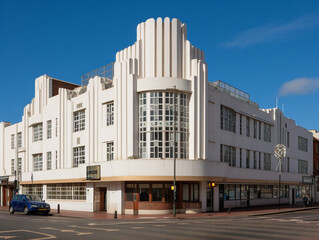 Wall Mural - a unique art deco building featuring angular shapes and decorative elements in black and white.