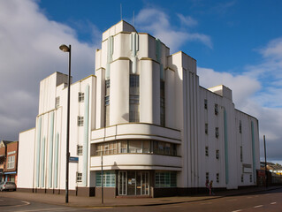 Wall Mural - a unique art deco building featuring angular shapes and decorative elements in black and white.