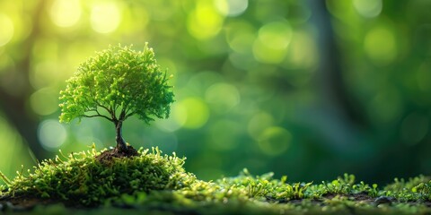 small tree growing on green moss with sunlight. ecology and environment concept