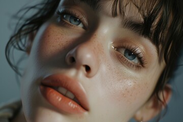 Canvas Print - A close up shot of a woman's face with prominent freckles. This image can be used to showcase natural beauty or in skincare and makeup-related content