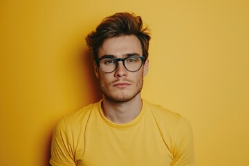 Canvas Print - A picture of a man wearing glasses and a yellow shirt. This versatile image can be used in various contexts