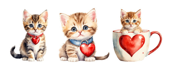 Set of cute watercolor kittens with hearts. Vector illustration with red kittens with hearts for decoration Valentine's Day. Red kittens isolated on a transparent background. Watercolor style.