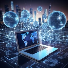 business data on computer devices with global networks, Data exchange, Information Transfer, data science analysis and the internet