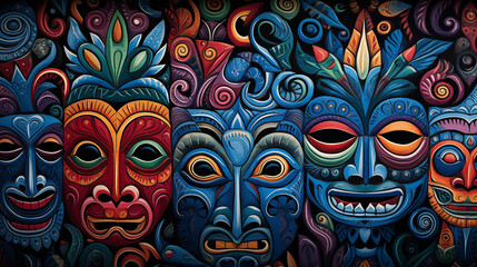  Pintura con máscaras sobre un fondo oscuro, al estilo del simbolismo tropical, máscaras y tótems,  tipo caricatura, carnaval, elementos culturalmente diversos