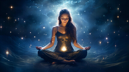 Wall Mural - A serene woman in lotus position meditates, her form blending with a cosmic nebula backdrop, illustrating a deep connection with the universe and inner self