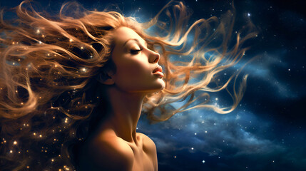 Wall Mural - portrait of a sensual red-haired woman with hair blown by the wind, against the backdrop of an endless universe, symbolizing her deep inner world, peace of mind. copy space