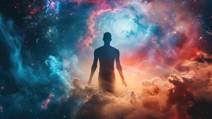 Wall Mural - surrealism and surrealism concept. illustration of a man standing on a cloud and looking at the univ