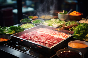 Wall Mural - Delicious Japanese Gourmet: Hot Raw Yakiniku Beef Plate with Fresh Korean Kimchi