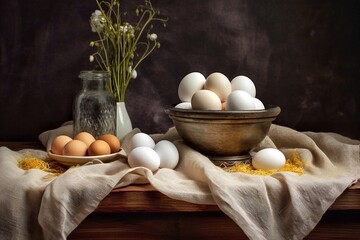 Wall Mural - Easter still life with eggs in metal bowl on rustic wooden background