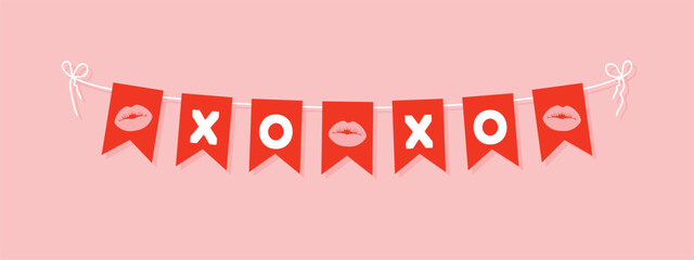 Wall Mural - xo xo valentine day bunting garland, red pennants with white letters, hugs and kisses romantic lettering banner, wedding card, panoramic vector illustration