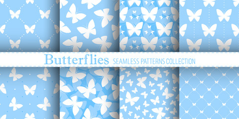 Sticker - White butterflies on blue background. Vector seamless patterns collection. Best for textile, print, wallpapers, and wedding decoration.