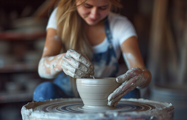 Young trendy female potter working on pottery wheel while sitting in her workshop in jeans. 