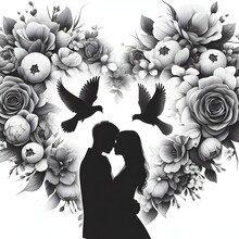 Romantic Couple In Love With Bouquet Of Flowers. Black And White. Young Couple In Love With Sunflowers And Birds. Vector Illustration..   Generative AI