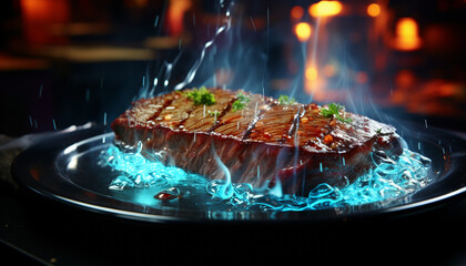 Wall Mural - Grilled steak, pork, and fish on a smoky barbecue generated by AI