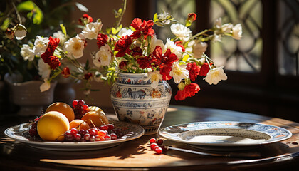 Poster - Fresh fruit and flowers decorate the rustic wooden table generated by AI