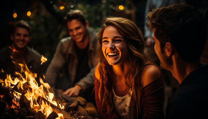 Wall Mural - Young adults enjoying campfire, friendship, and carefree summer fun generated by AI