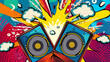 © Furkan - Wow pop art party sound system. Vector colorful background in pop art retro comic style.