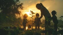 Silhouette Of A Mother And Children Watering Plants At Sunset