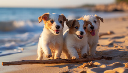 Poster - Cute puppy playing on the beach brings joy and happiness generated by AI