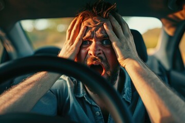 Wall Mural - A shocked man sits behind the wheel, his head in his hands, signifying the accident, insurance, and emotional turmoil concept
