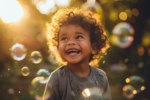 The Essence Of Childhood Joy As A Curly-haired Toddler Wears An Infectious Smile While Surrounded By A Flurry Of Soap Bubbles In Mid-air