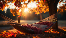 Autumn Tree, Hammock, Relaxation Yellow Sunset, Tranquil Forest Beauty Generated By AI