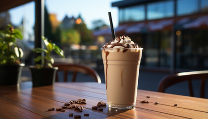 Sticker - Refreshing coffee shop drink on wooden table in summer outdoors generated by AI