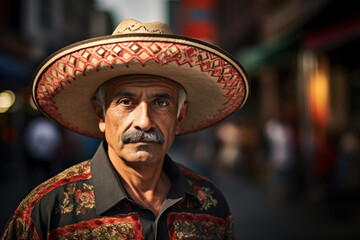 Old mexican man in traditional hat sombrero and bright clothes