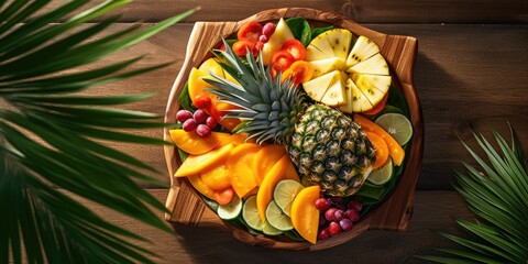  A tropical fruit platter with sliced mango, pineapple, and kiwi served on a palm leaf - Fresh and exotic - Natural sunlight to enhance the vibrant colors 