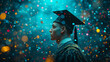 Graduate woman students wearing graduation hat and gown, back view of graduate student girl hug future and look up to copy space, she wear graduation cap and gown ,asian woman