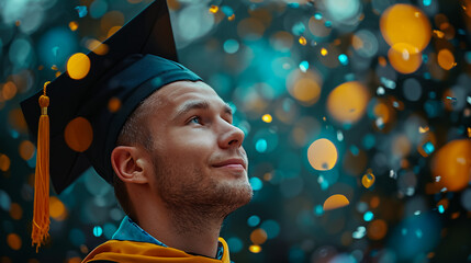 Wall Mural - Graduate woman students wearing graduation hat and gown, back view of graduate student girl hug future and look up to copy space, she wear graduation cap and gown ,asian woman