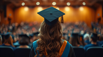 Wall Mural - Graduate woman students wearing graduation hat and gown, back view of graduate student girl hug future and look up to copy space, she wear graduation cap and gown ,asian woman