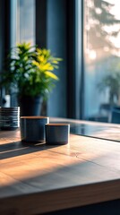 A table with two cups on it and a plant in the background, AI