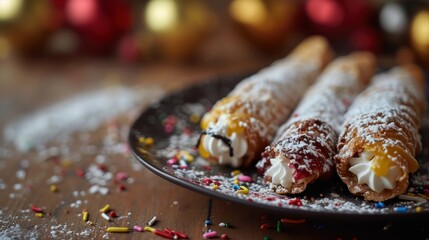 Sticker -  a plate of pastries with icing and sprinkles on top of a wooden table with a christmas ornament on the table in the background.