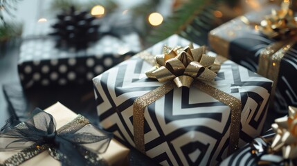 Sticker -  a group of presents wrapped in black and white paper and tied with a gold ribbon and tied with a black and white ribbon and tied with a black ribbon and gold ribbon.