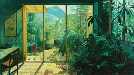 Sticker -  a painting of a room with a view of the mountains outside of the window and a potted plant in the corner of the room on the far side of the room.