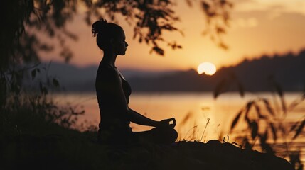 Sticker -  a woman sitting in a lotus position in front of a body of water with the sun setting behind her and a tree in the foreground with a body of water in the foreground.