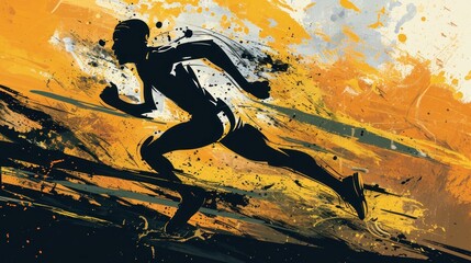 Sticker -  a painting of a man running on a yellow, black and white background with a splash of paint on the bottom half of his body and bottom half of his body.