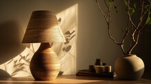  A Lamp Sitting On Top Of A Wooden Table Next To A Vase With A Plant In It And A Shadow Of A Tree On A Wall Behind The Lamp Shade.