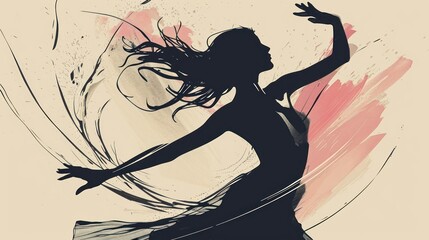 Wall Mural -  a drawing of a woman dancing with her arms in the air and her hair blowing in the wind in front of a pink and white background with a splash of light.