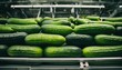 Food industry scene of fresh cucumbers on conveyor belt, processing and packaging, quality control of selected vegetables at plant