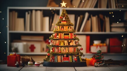 Poster - A christmas tree made out of books. Generative AI.