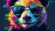 A vibrant and artistic representation of a bear's face with striking colors and wearing a pair of cool sunglasses.