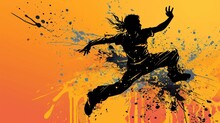  a woman jumping in the air in front of an orange and yellow background with paint splatters and spray paint splatters on the bottom of the image.