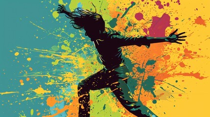 Canvas Print -  a person jumping in the air with paint splatters on the ground in front of a blue, yellow, pink, and green background with a splash of paint.