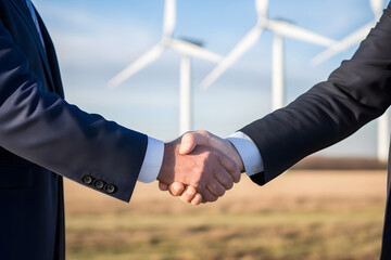 Wall Mural - closeup businessmen handshake on wind turbines background