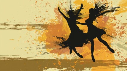 Sticker -  a couple of women that are standing in the air with their arms in the air and their legs in the air, with a splash of paint on a yellow background.