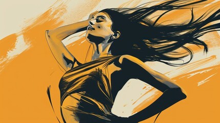 Poster -  a painting of a woman in a black dress with her hair blowing in the wind in front of an orange and white background with a splash of paint on the wall.